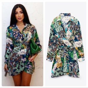 Zara Green Patchwork Print Satin Mini Dress Size Small NWT New With Tags